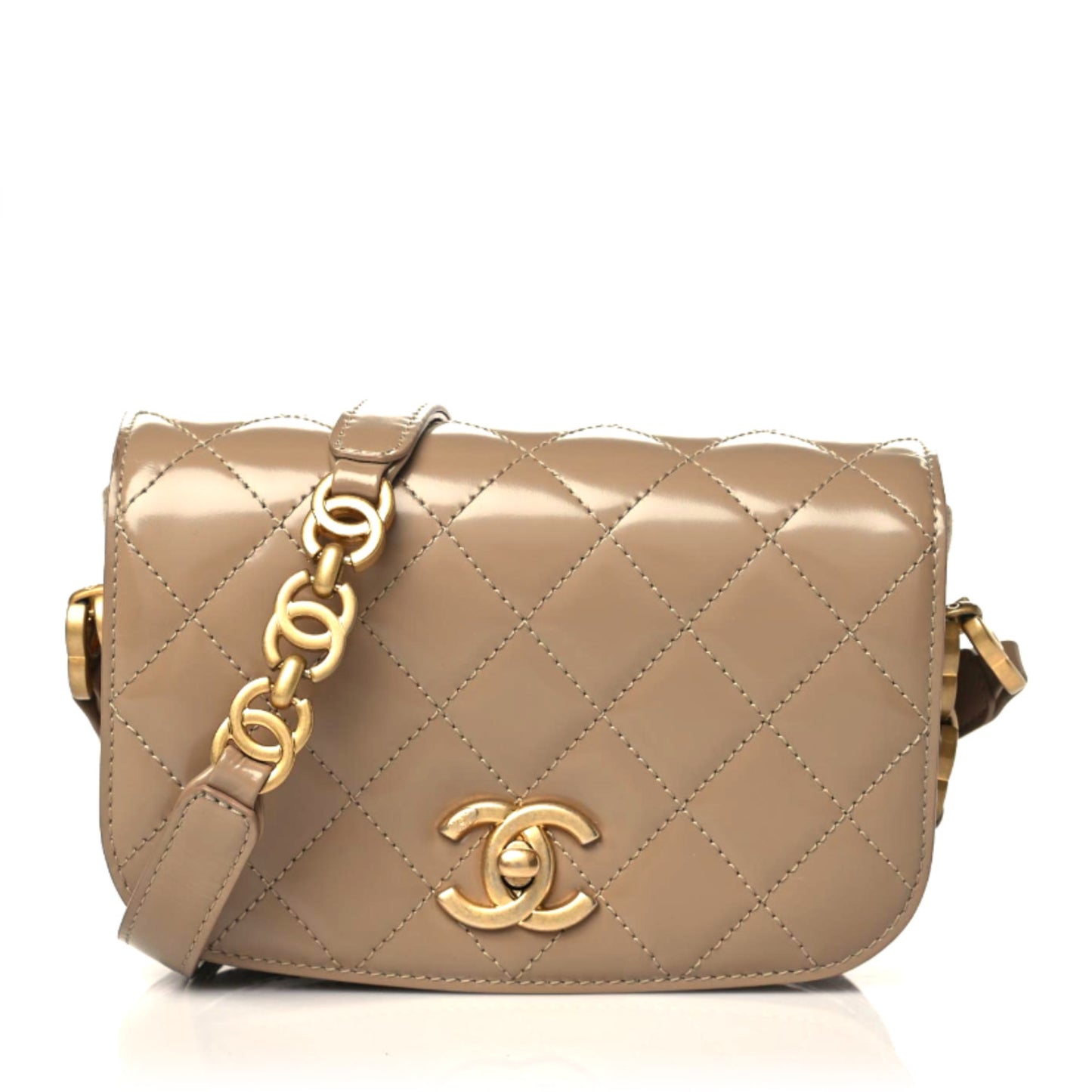 Shiny Calfskin Quilted Suede Goatskin Mini Messenger Beige