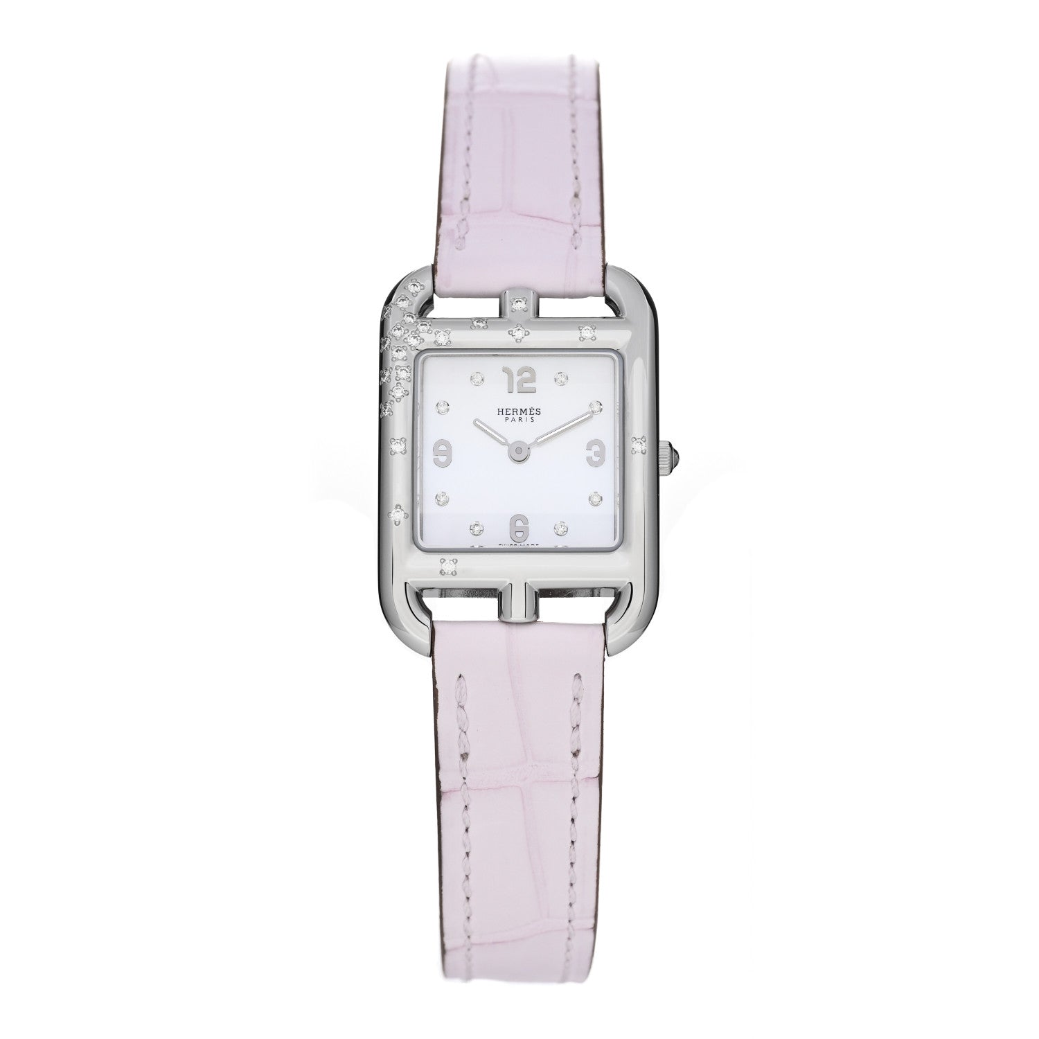 Hermes Stainless Steel Alligator Diamond Mother of Pearl 23mm Cape Cod Quartz Watch Mauve Pale 1 of 5
