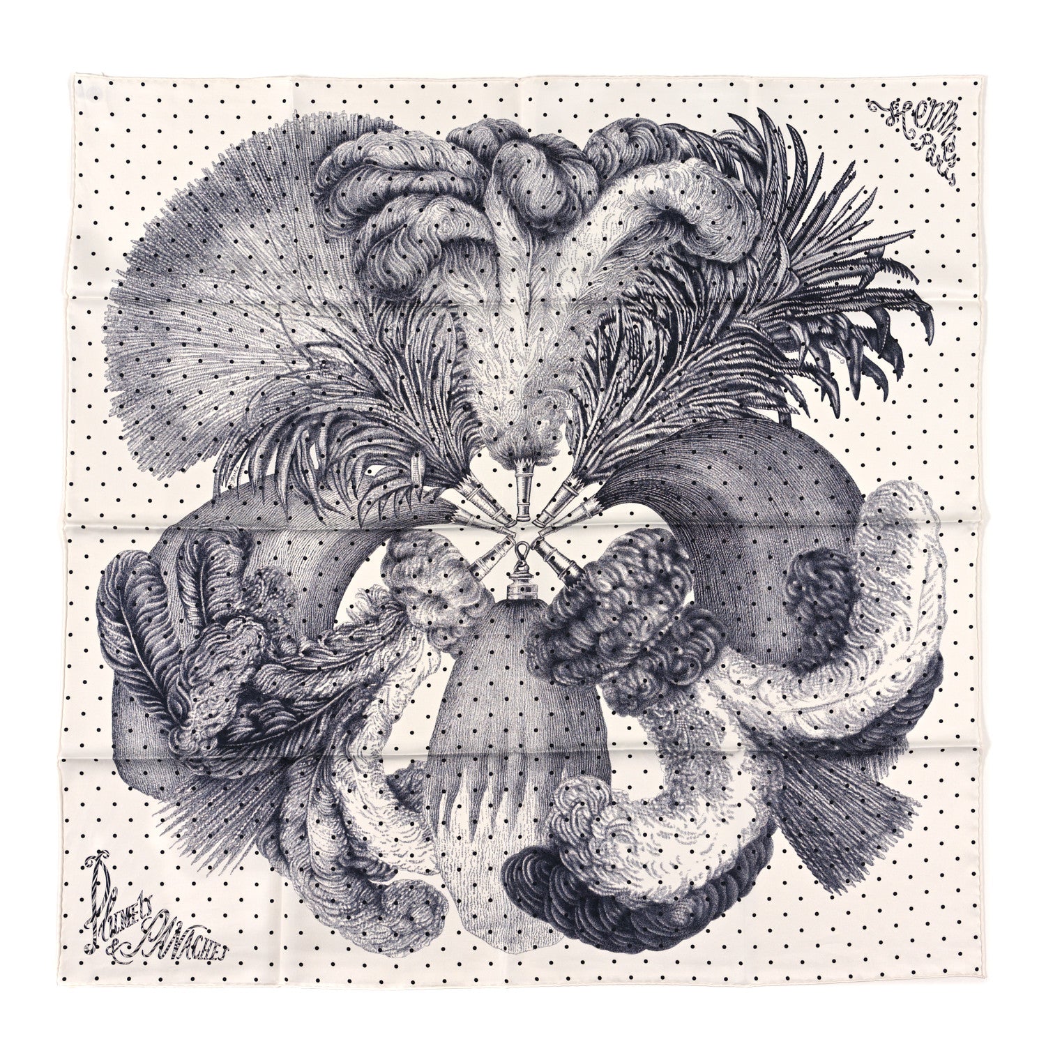 Hermes Silk Plumets Et Panaches Scarf 90 White Black Anthracite 1 of 3