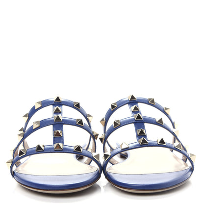 Valentino Garavani Calfskin Rockstud Caged Flat Slide Sandals 36 Blu Delft 2 of 11