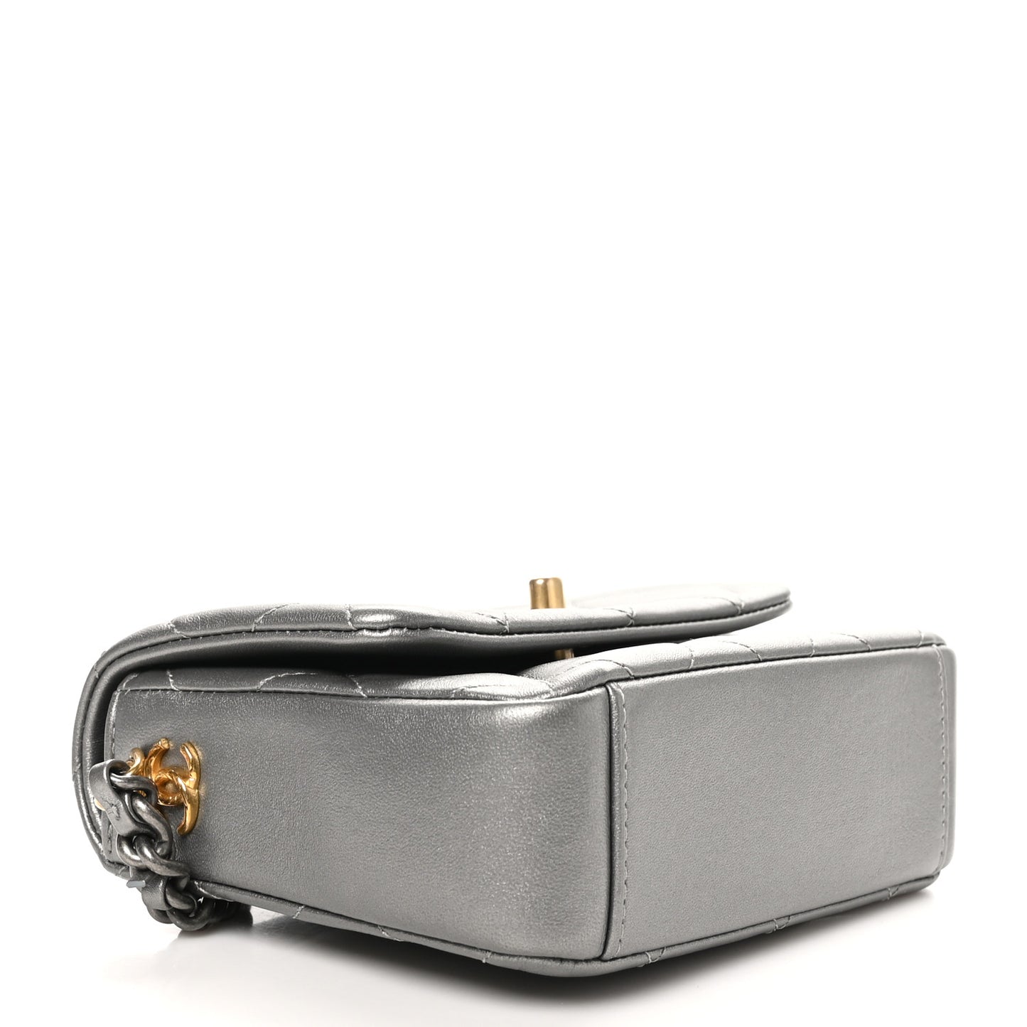 Metallic Lambskin Quilted Mini Side Note Flap Grey