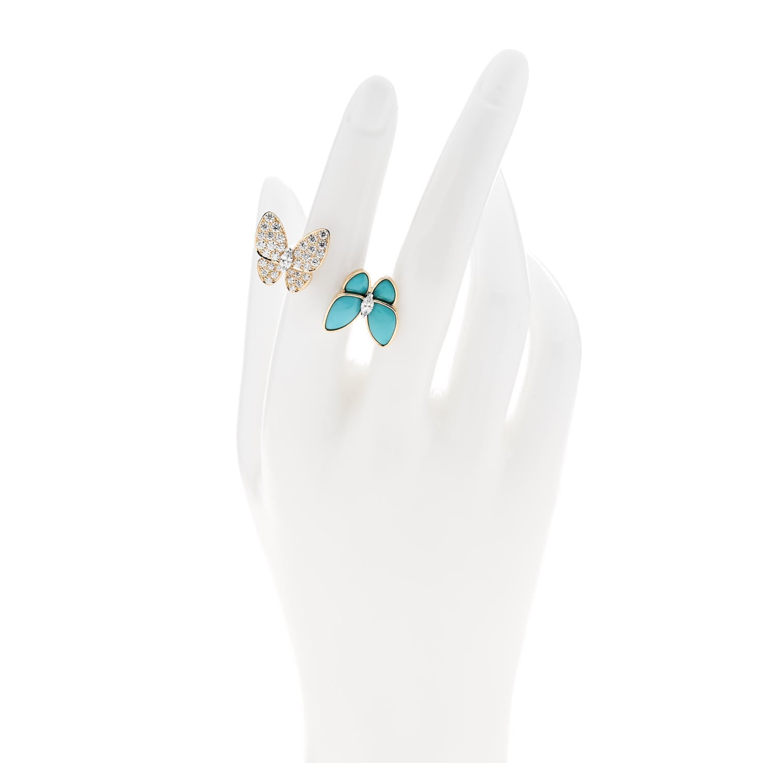 Van Cleef & Arpels 18K Yellow Gold Diamond Turquoise Two Butterfly Between The Finger Ring 52 6 2 of 5