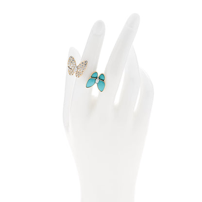 Van Cleef & Arpels 18K Yellow Gold Diamond Turquoise Two Butterfly Between The Finger Ring 52 6 2 of 5