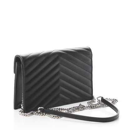 Saint Laurent Grain De Poudre Matelasse Chevron Monogram Envelope Chain Wallet Black 2 of 7