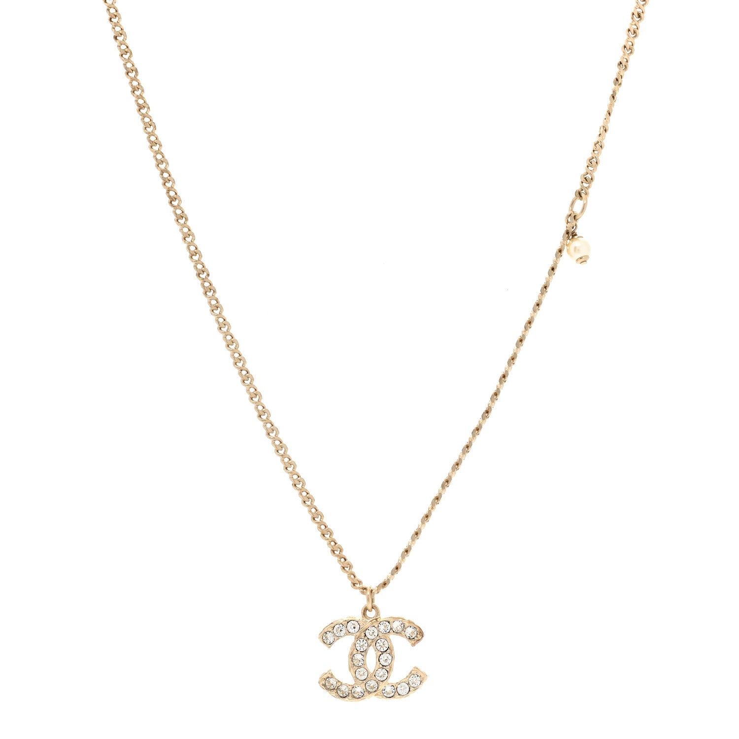 Chanel Metal Pearl Crystal CC Textured Pendant Necklace Gold 1 of 5