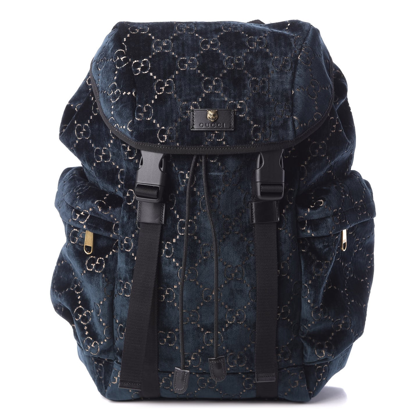 Velvet GG Monogram Web Medium Double Buckle Backpack Blue Beige Black