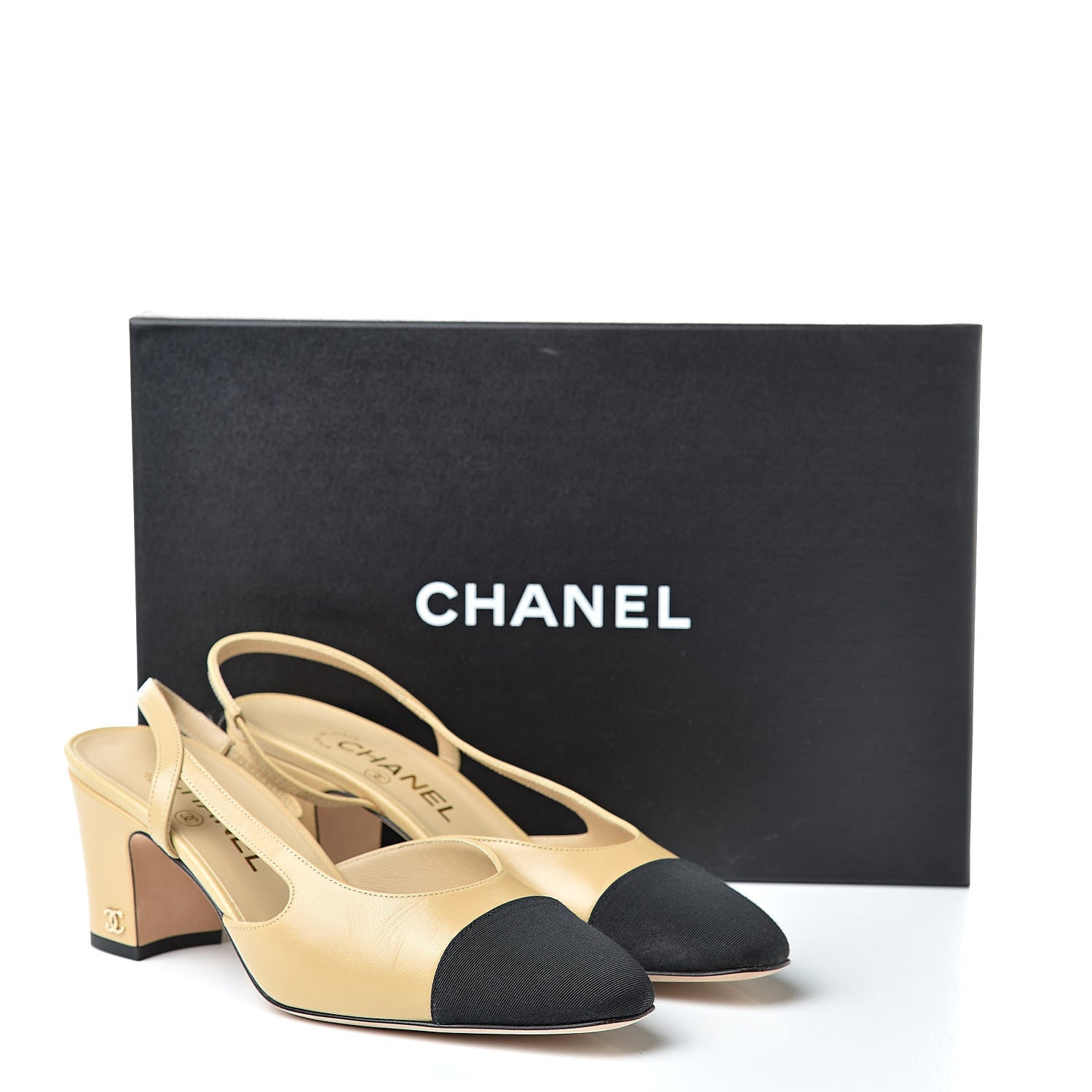 Chanel Goatskin Grosgrain Cap Toe CC Slingback Pumps 37.5 Beige Black 9 of 9
