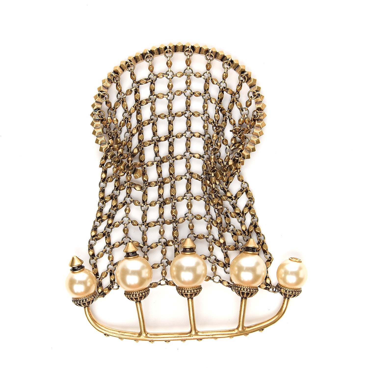 Gucci Metal Embellished Pearl Multi-Finger Ring Bracelet Gold 4 of 4