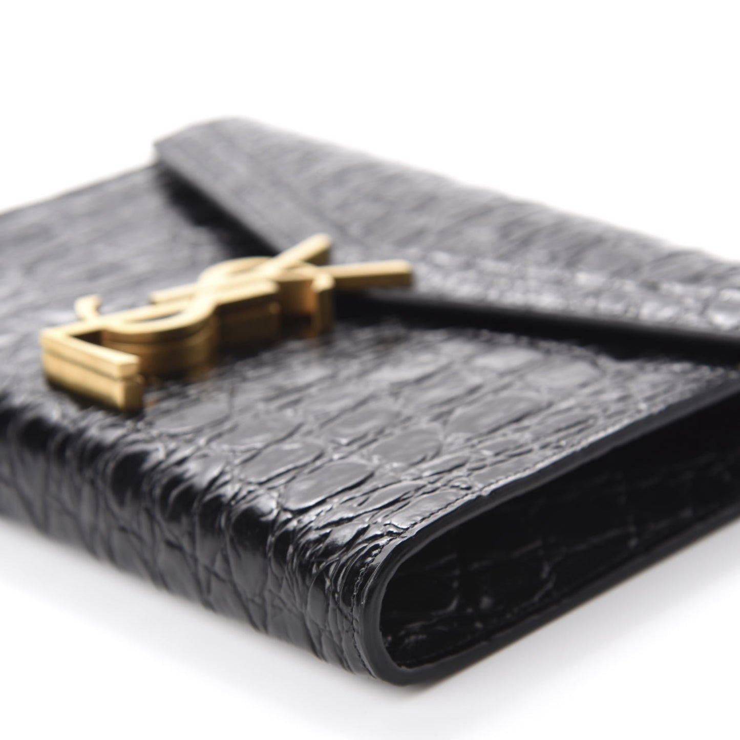 Calfskin Crocodile Embossed Monogram Cassandra Chain Wallet Black