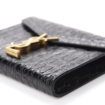 Saint Laurent Calfskin Crocodile Embossed Monogram Cassandra Chain Wallet Black 7 of 11