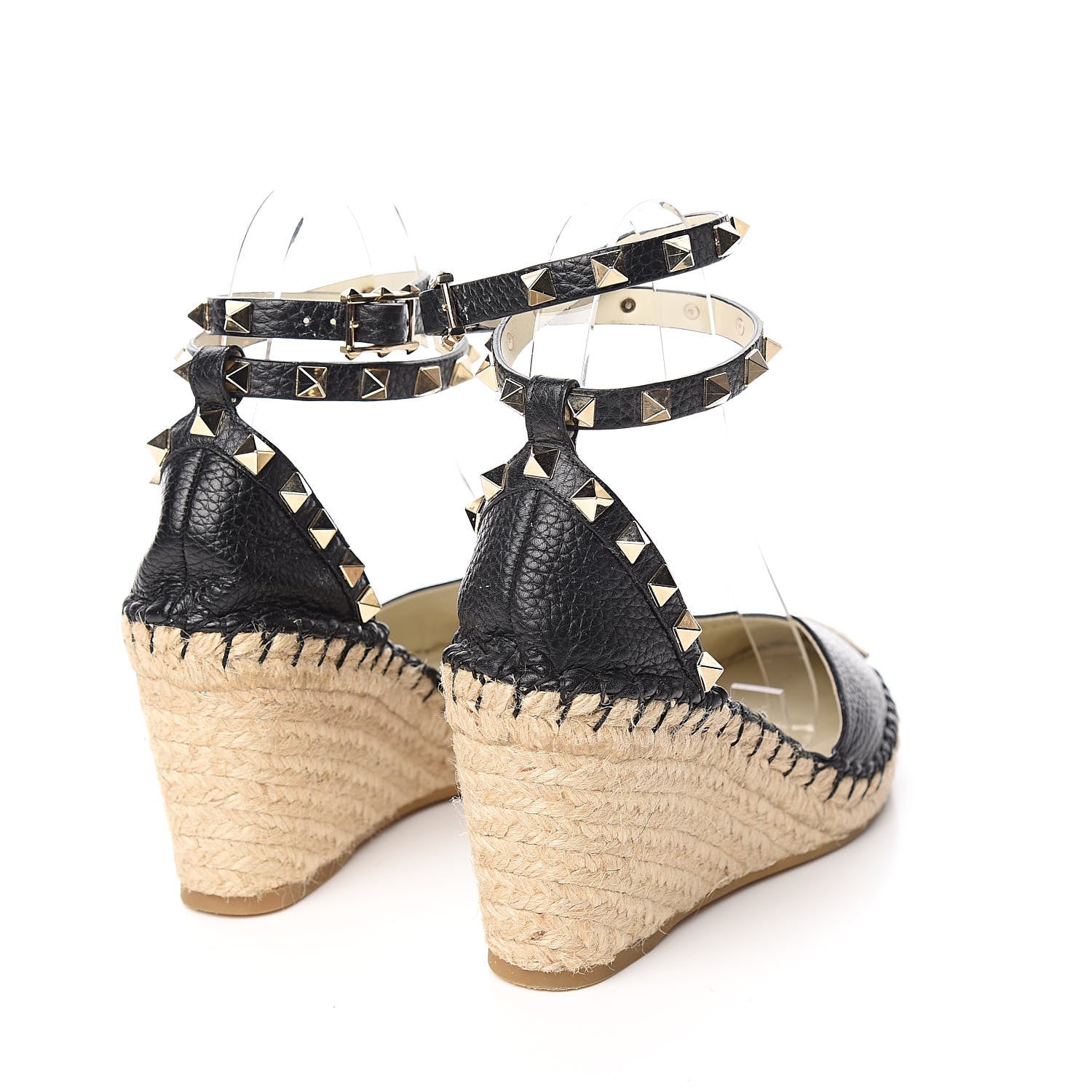 Valentino Garavani Grained Calfskin Rockstud Ankle Wrap Espadrille 15/85mm Wedges 36 Black Light Ivory 4 of 9