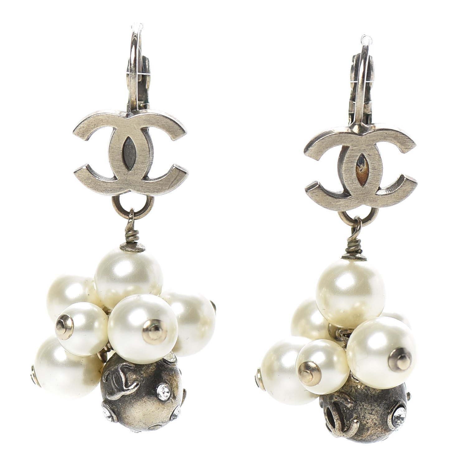 Chanel Pearl Crystal CC Drop Earrings Gold Pearly White 1 of 6