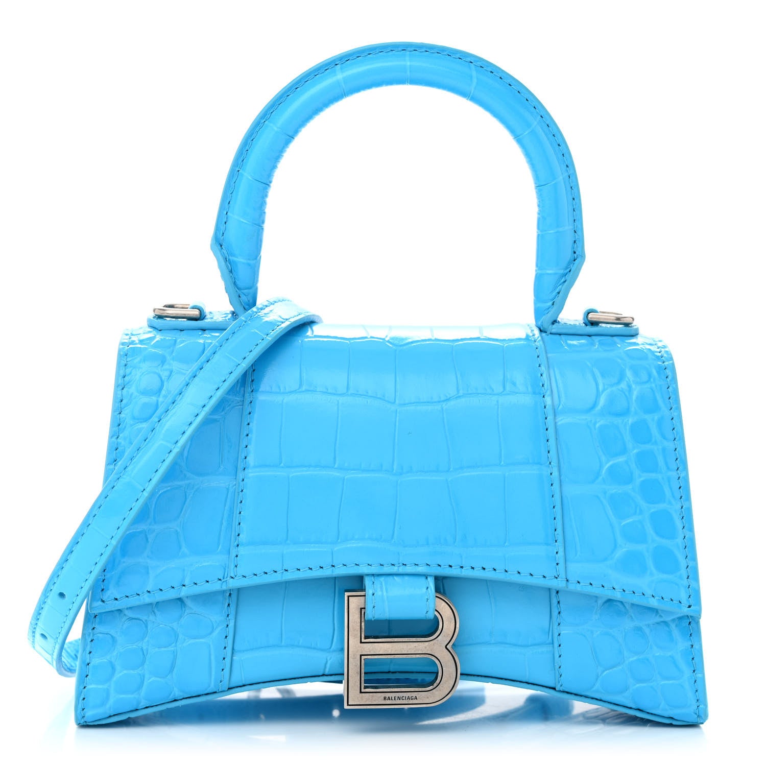 Balenciaga Shiny Calfskin Crocodile Embossed Hourglass Top Handle Bag XS Cyan 1 of 13