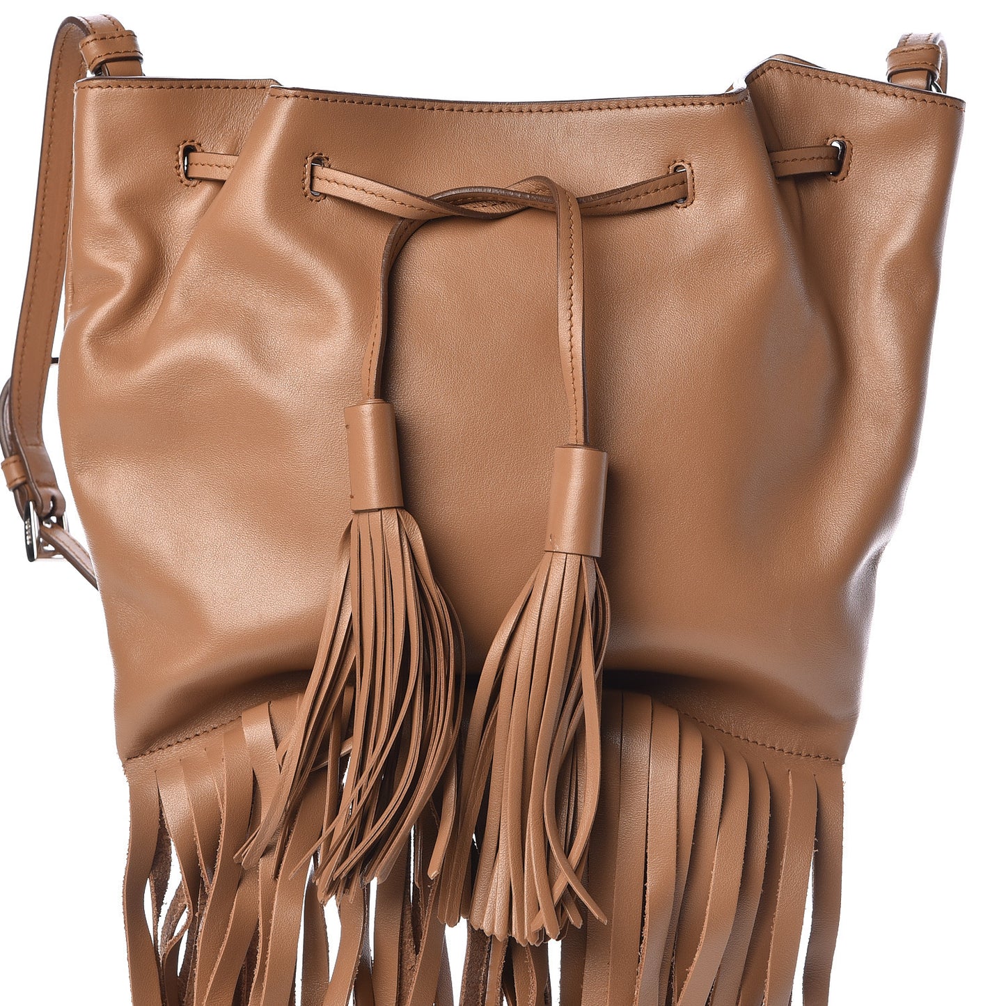 Soft Calf Drawstring Fringe Crossbody Tan