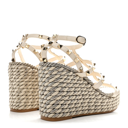 Valentino Garavani Calfskin Rockstud Ankle Strap Torchon Espadrille Caged 25/95mm Wedge Sandals 37 White 10 of 18