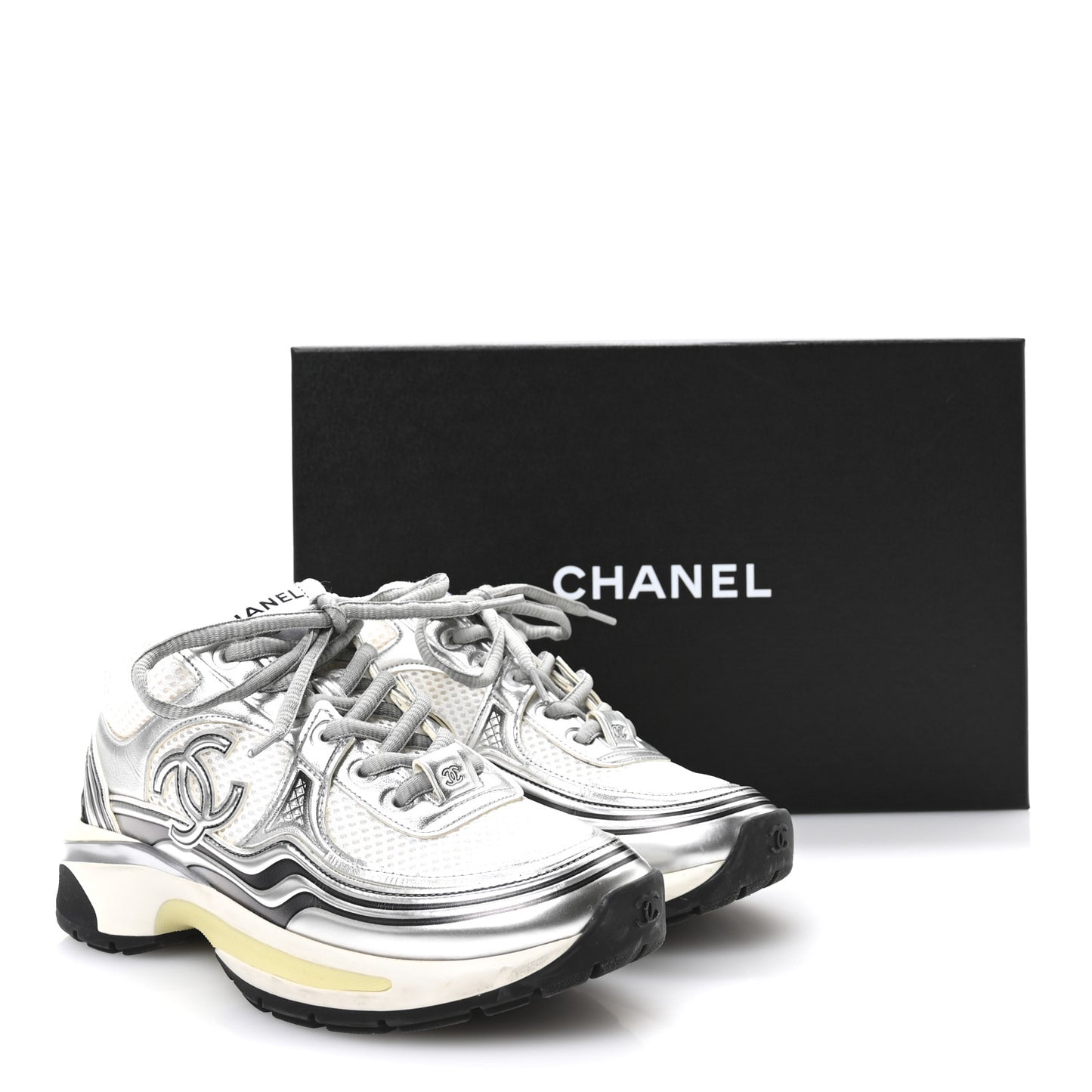 Fabric Laminated Calfskin Stretch CC Sneakers 35 White Silver