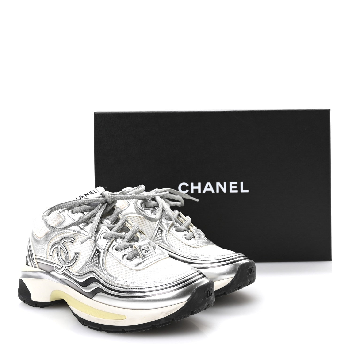 Chanel Fabric Laminated Calfskin Stretch CC Sneakers 35 White Silver 10 of 10