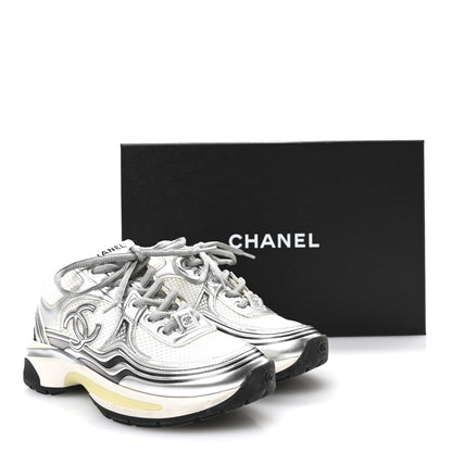 Chanel Fabric Laminated Calfskin Stretch CC Sneakers 35 White Silver 10 of 10