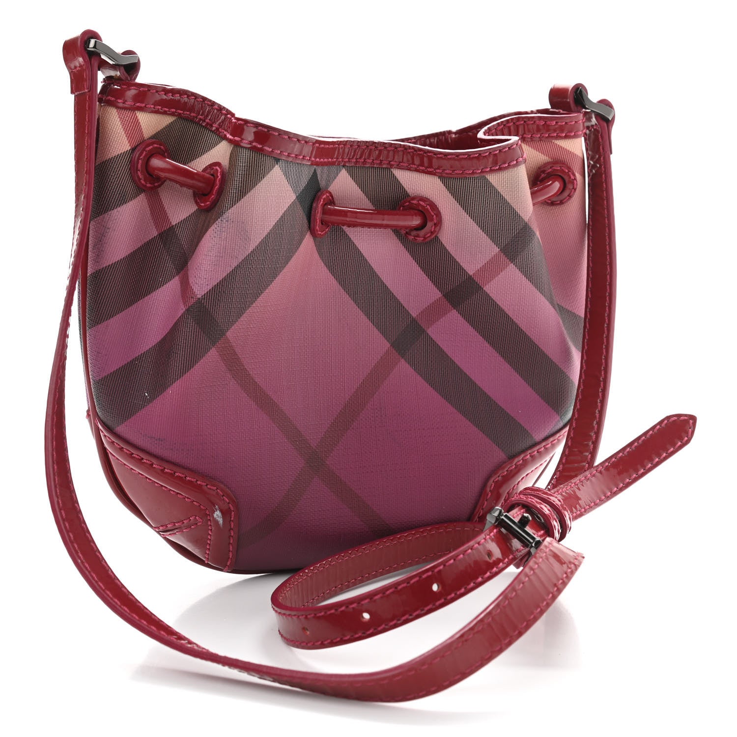 Burberry Patent Trim Gradient Nova Check Drawstring Shoulder Bag Raspberry 3 of 14