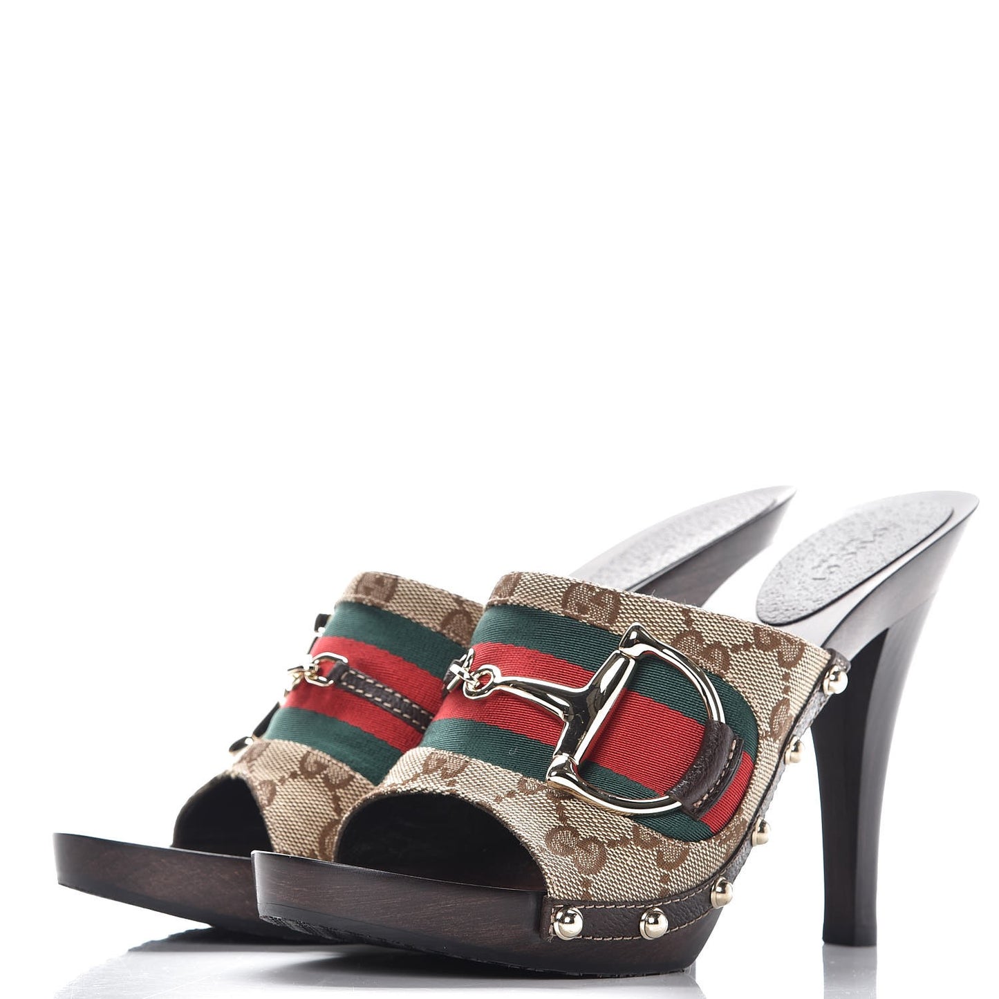 Monogram Natural Pigskin Web Icon Bit Platform Clog High Heel Slide Sandals 37 Beige Ebony Cocoa