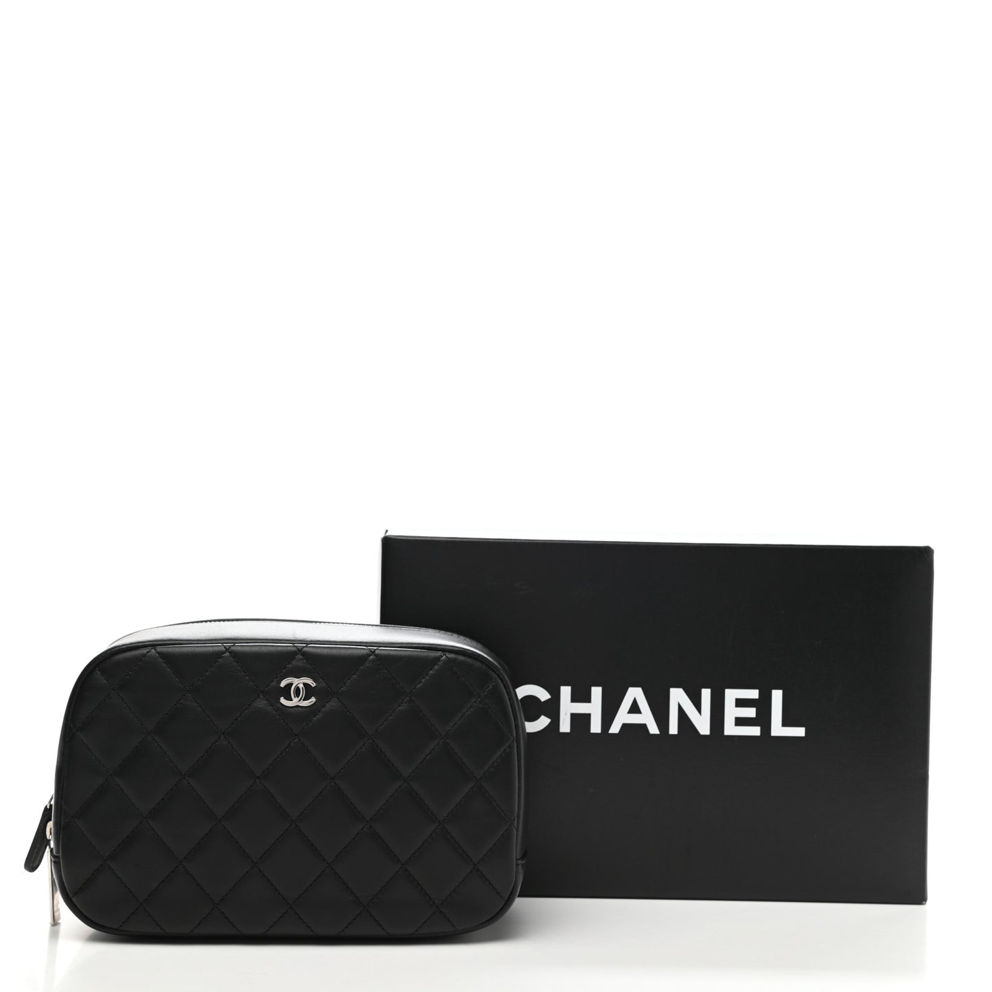 Lambskin Quilted Medium Curvy Pouch Cosmetic Case Black