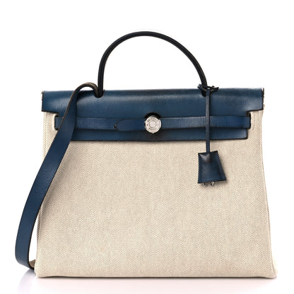 Hermes Toile Vache Calfskin Herbag PM 30 Navy Bleu Natural 1 of 26