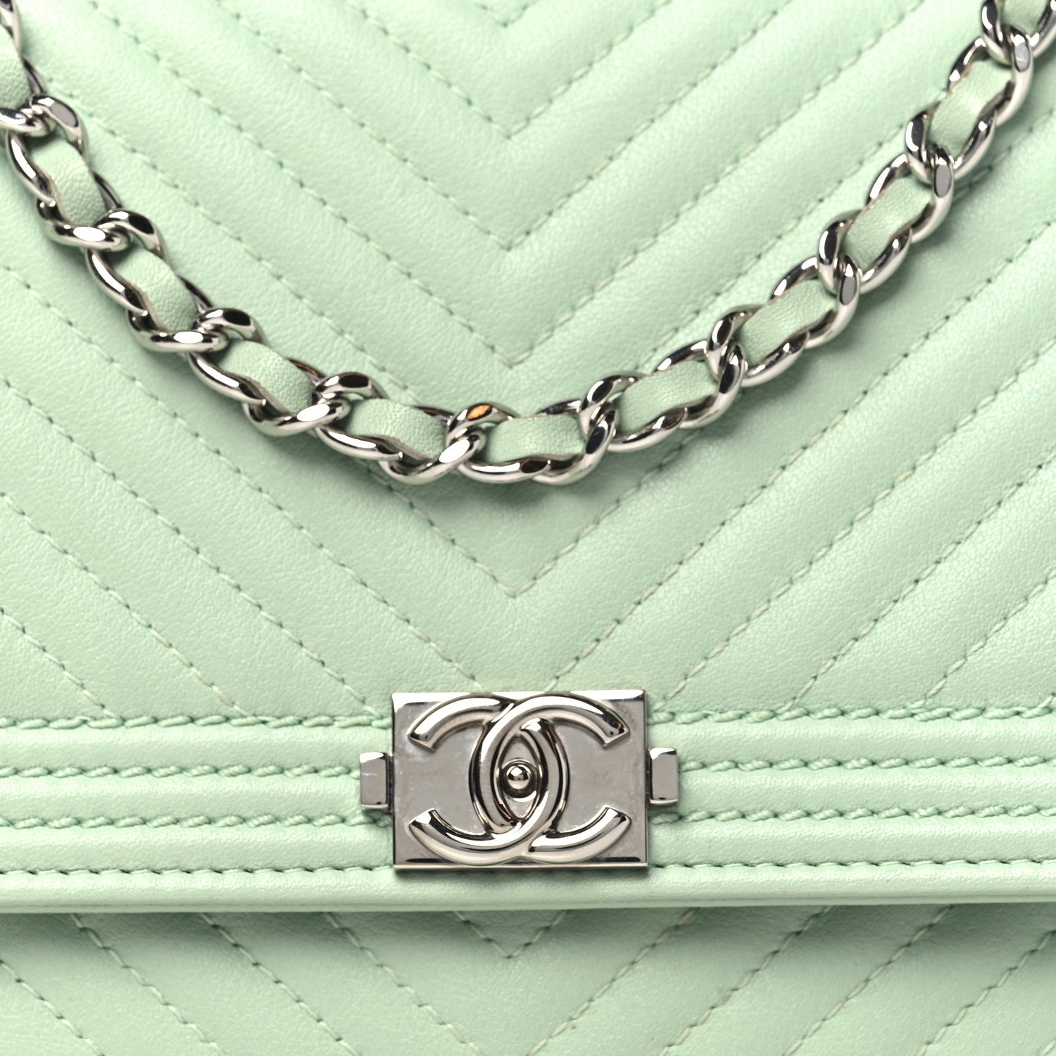 Chanel Lambskin Chevron Quilted Boy Wallet On Chain WOC Light Green 9 of 14
