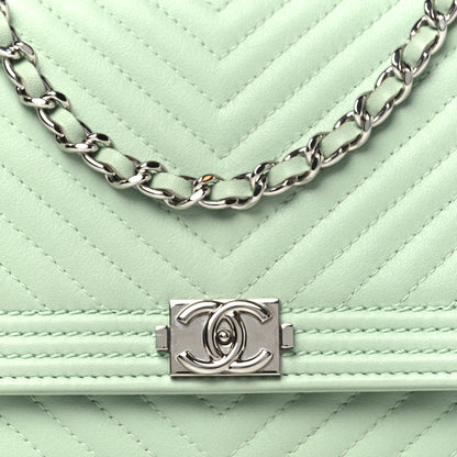 Chanel Lambskin Chevron Quilted Boy Wallet On Chain WOC Light Green 9 of 14