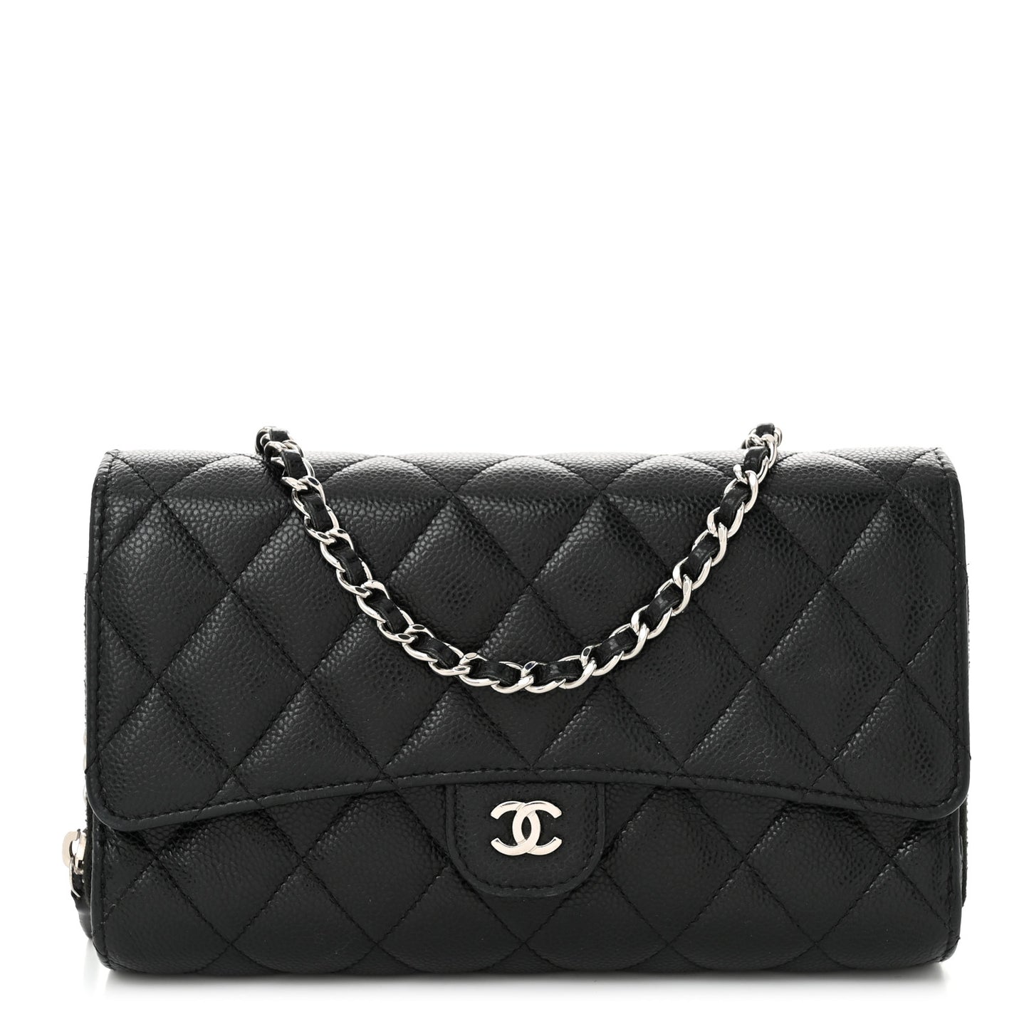Caviar Quilted Phone Holder Wallet on Removable Chain Black