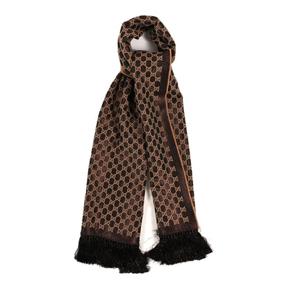 Gucci Wool Jacquard Knit GG Monogram Laxy Fringe Scarf Mahogany 1 of 3