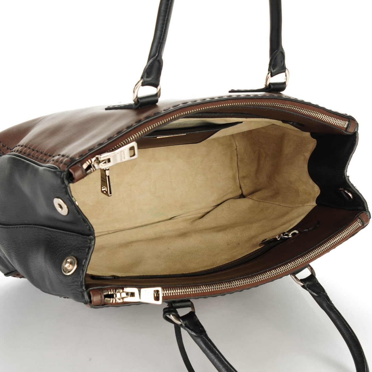 City Calf Hand Stitched Large Galleria Double Zip Tote Cacao Black
