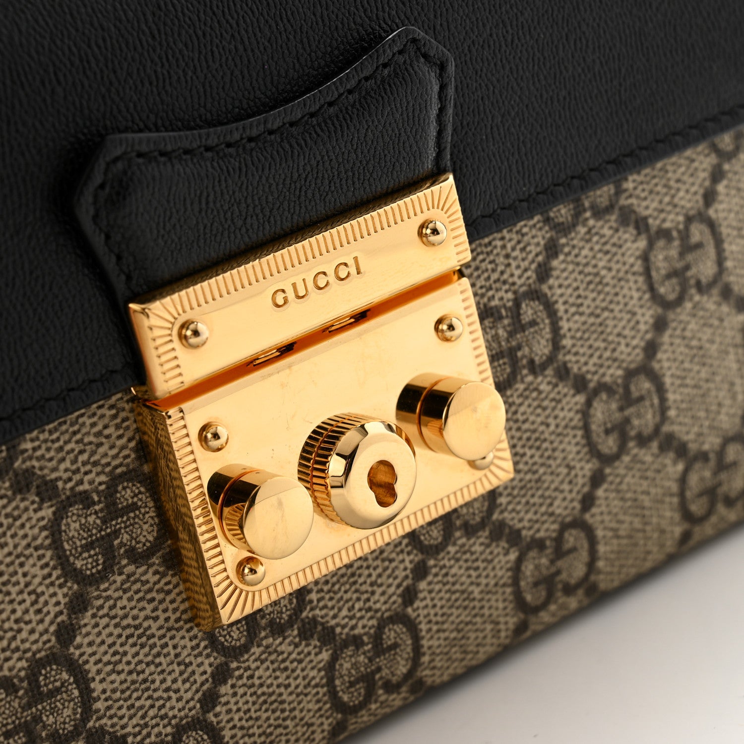 Gucci GG Supreme Monogram Calfskin Mini Padlock Top Handle Shoulder Bag Beige Black Cuir 11 of 11