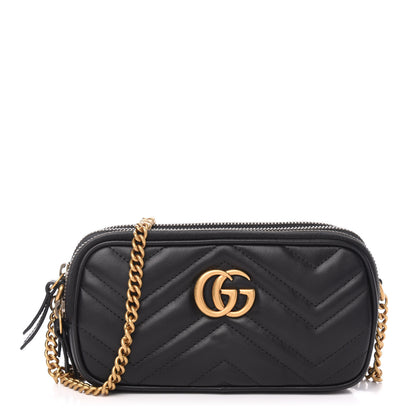 Gucci Calfskin Matelasse Mini GG Marmont Chain Crossbody Bag Black 1 of 13