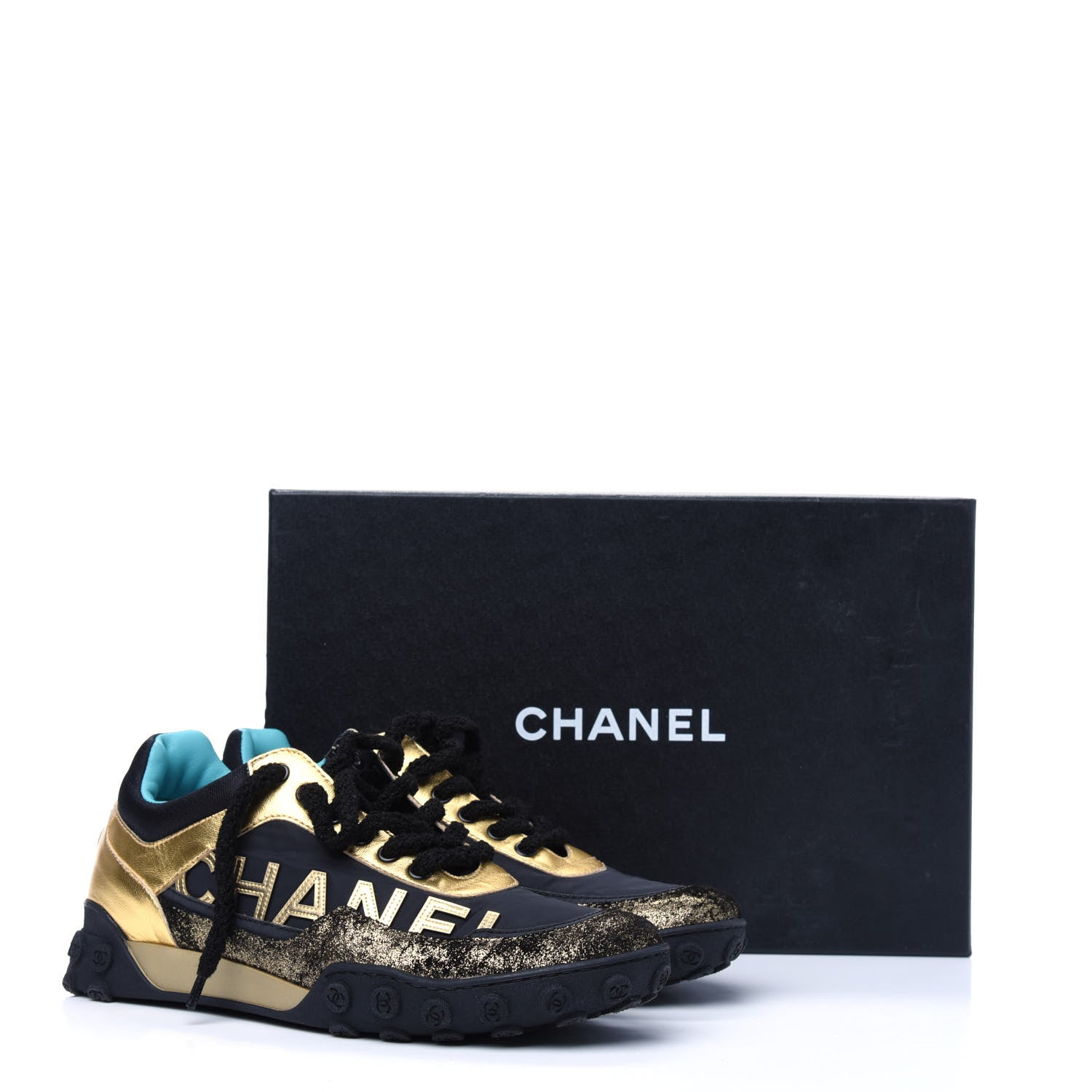 Chanel Metallic Lambskin Satin Finish Womens CC Sneakers 36 Black Gold 9 of 9