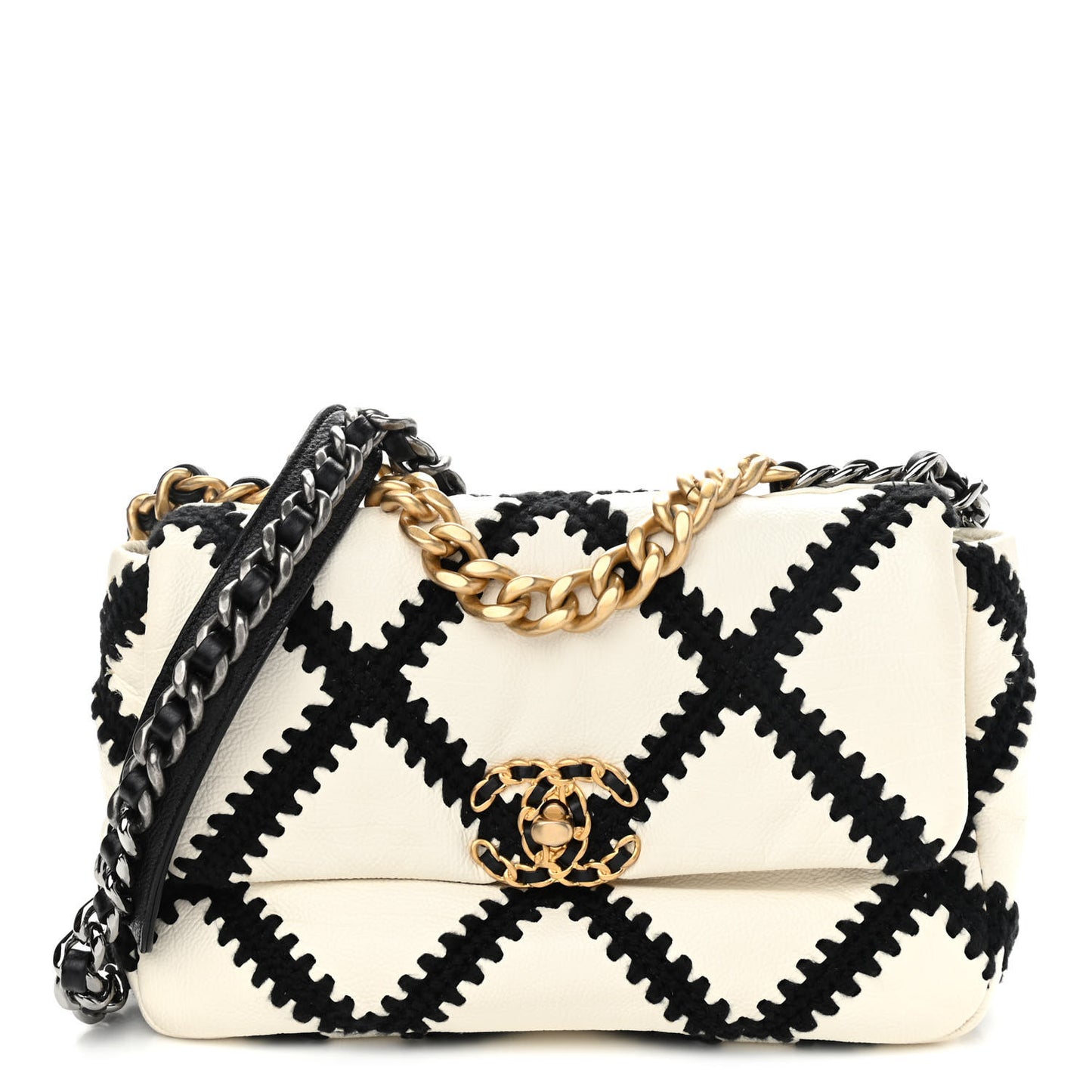 Calfskin Crochet Medium Chanel 19 Flap White Black