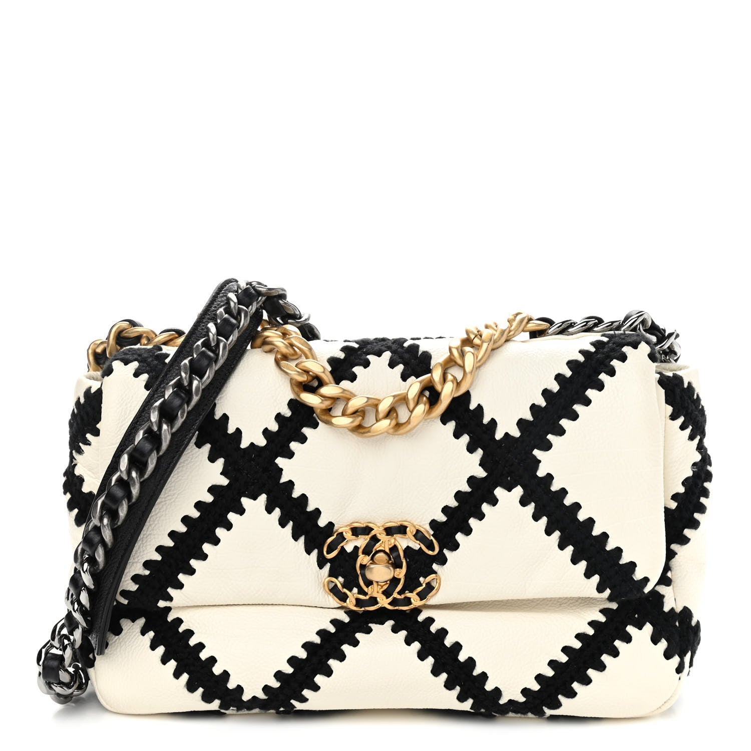 Chanel Calfskin Crochet Medium Chanel 19 Flap White Black 1 of 9