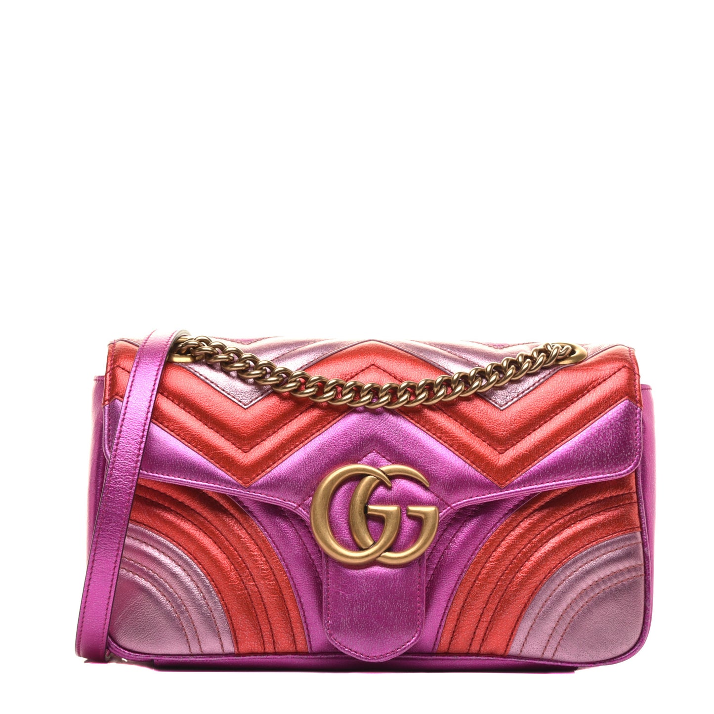 Metallic Calfskin Matelasse Small GG Marmont Shoulder Bag Fuchsia