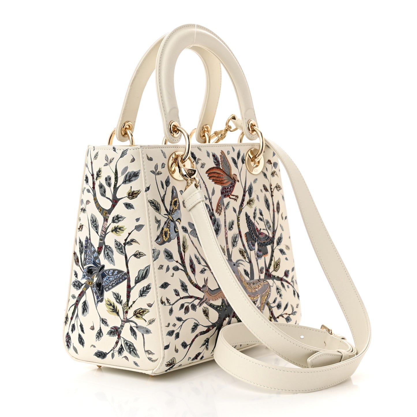 Calfskin Embroidered Medium Lady Dior White Multicolor