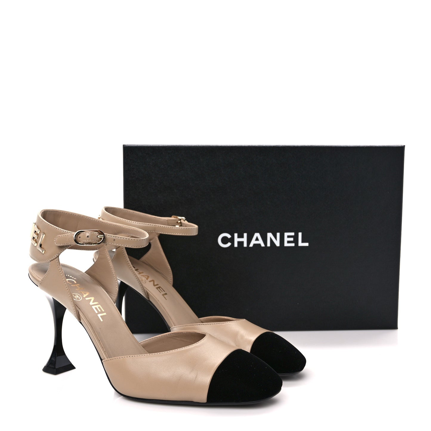 Lambskin Velvet Cap Toe Logo Pumps 38.5 Beige Black