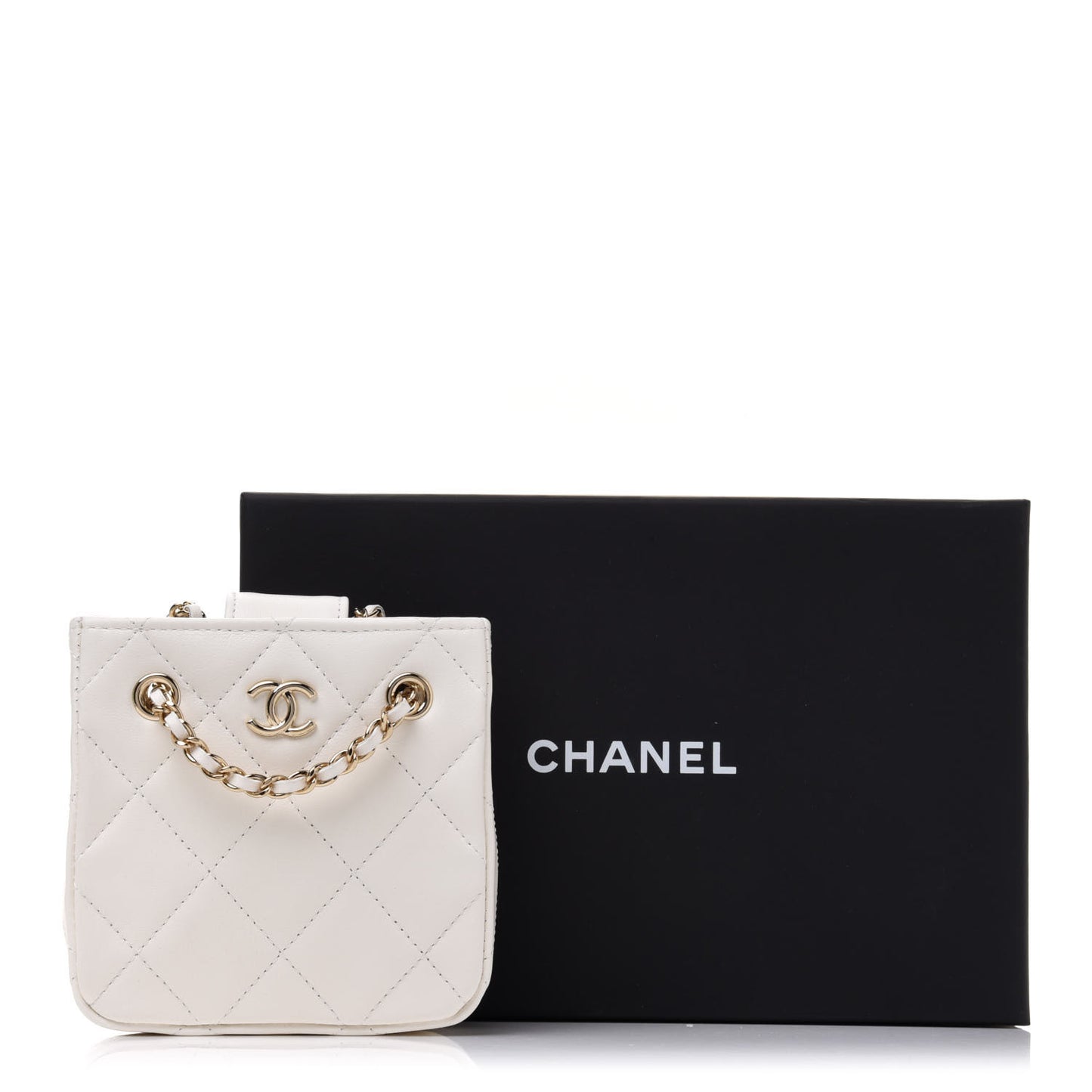 Lambskin Quilted Tiny Shopping Clutch With Chain White