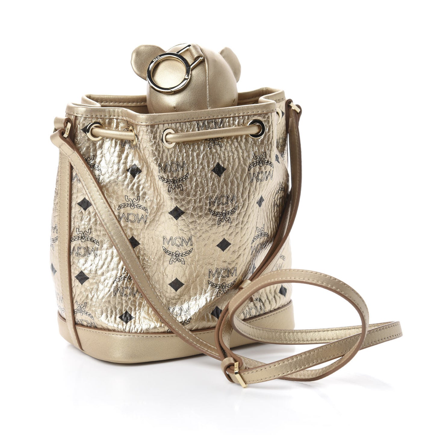 Metallic Visetos Zoo Bear Drawstring Bucket Bag Gold