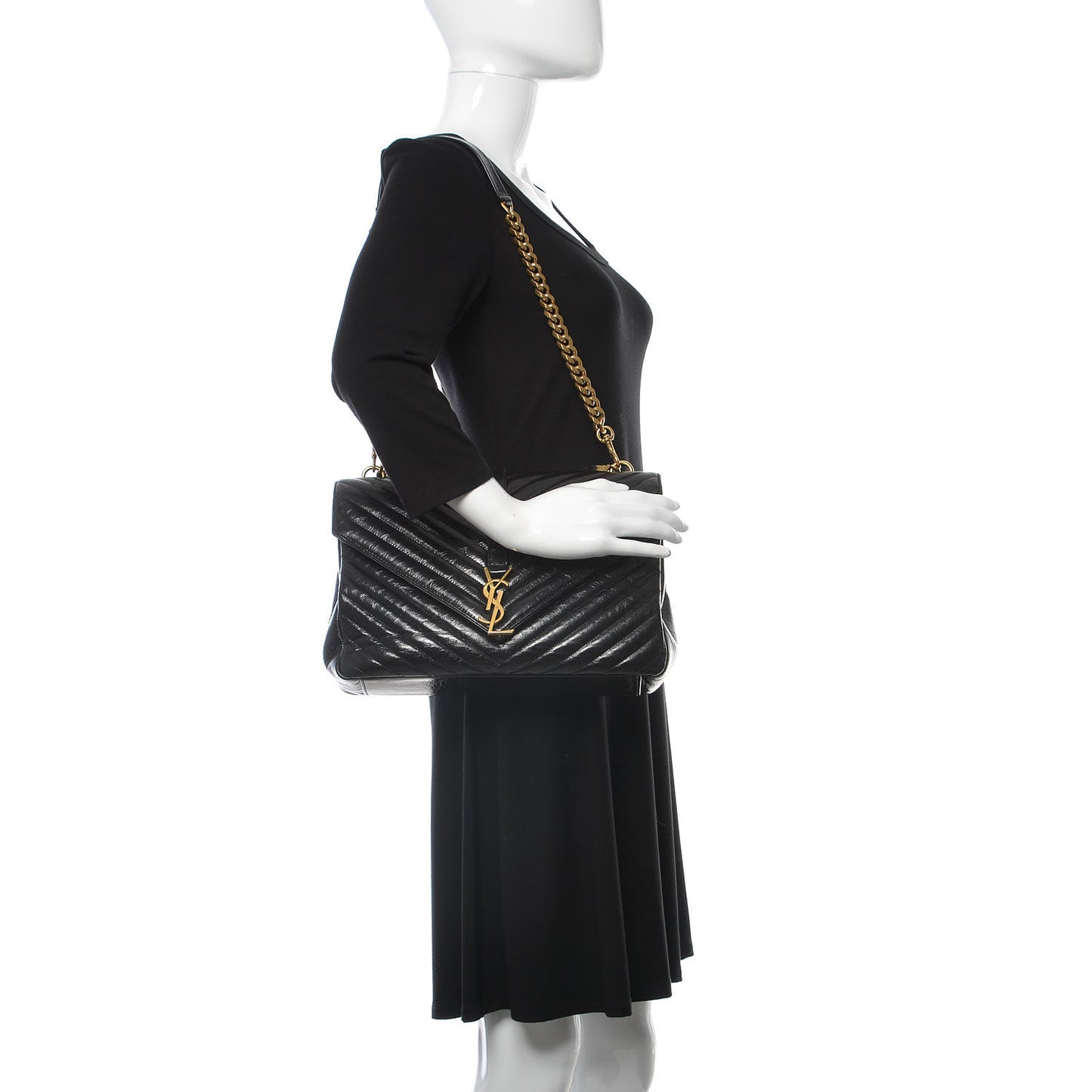 Cracked Shiny Calfskin Matelasse Chevron Monogram Large College Satchel Black