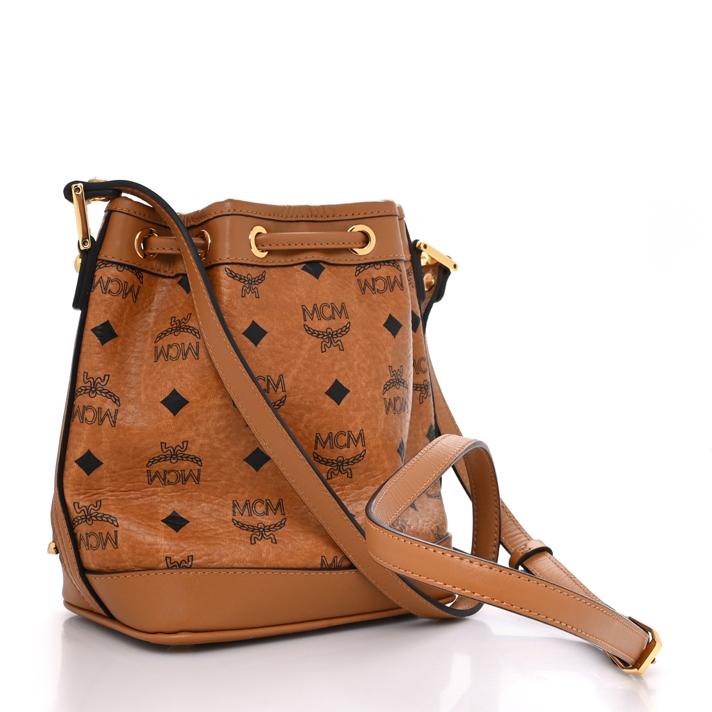 Visetos Swarovski Crystal Studded Mini Drawstring Bucket Bag Cognac