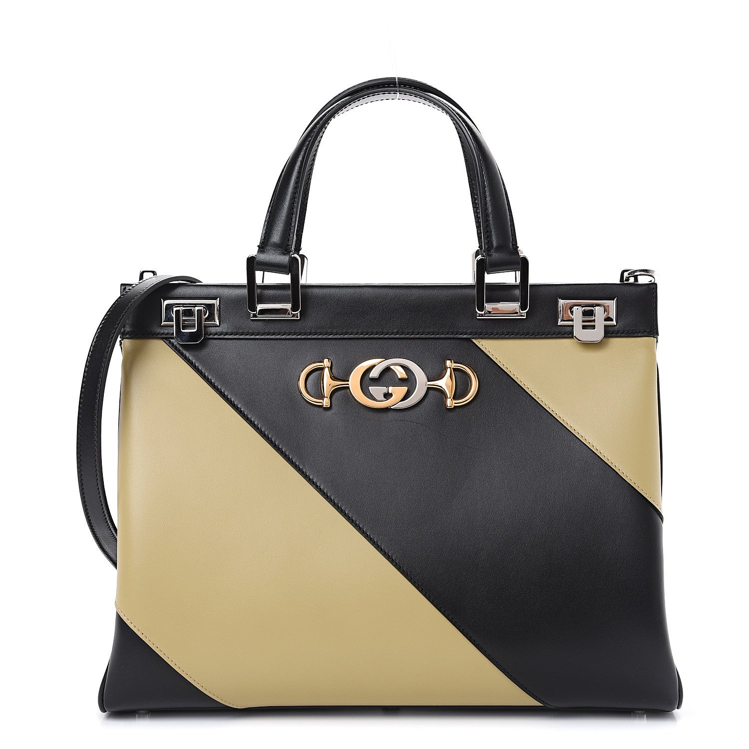 Gucci Smooth Calfskin Diagonal Striped Medium Zumi Top Handle Bag Black Beige 1 of 10