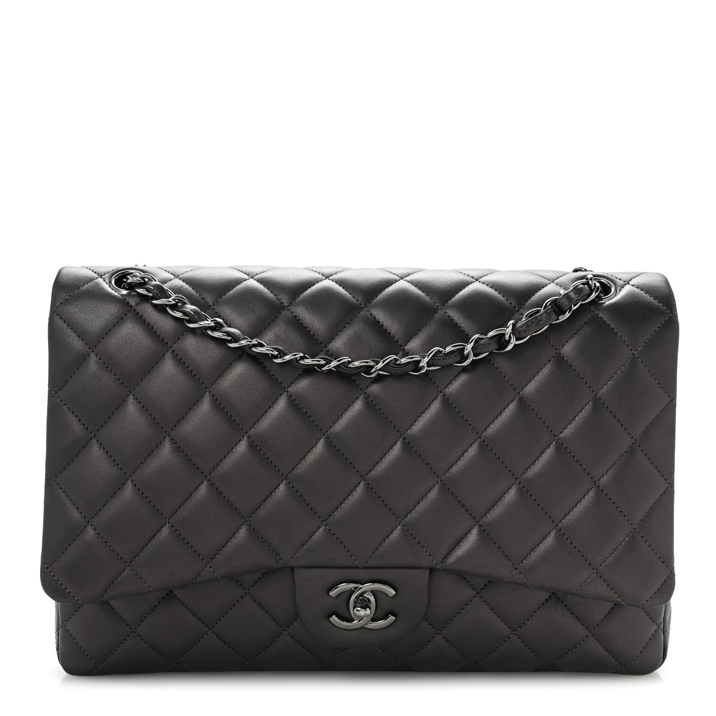 Metallic Lambskin Quilted Maxi Single Flap Dark Grey