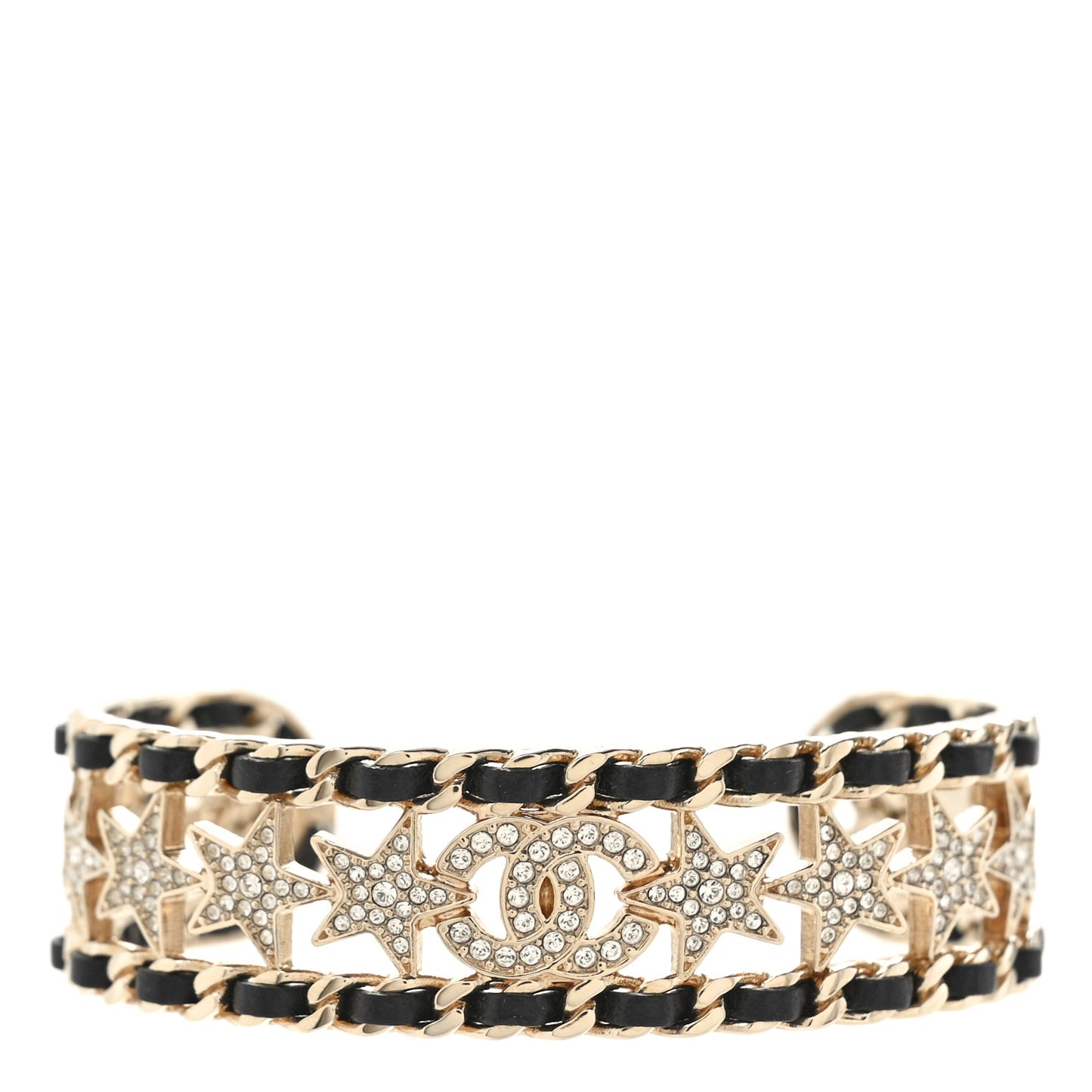 Metal Lambskin Crystal Chain Star CC Cuff M Black Gold
