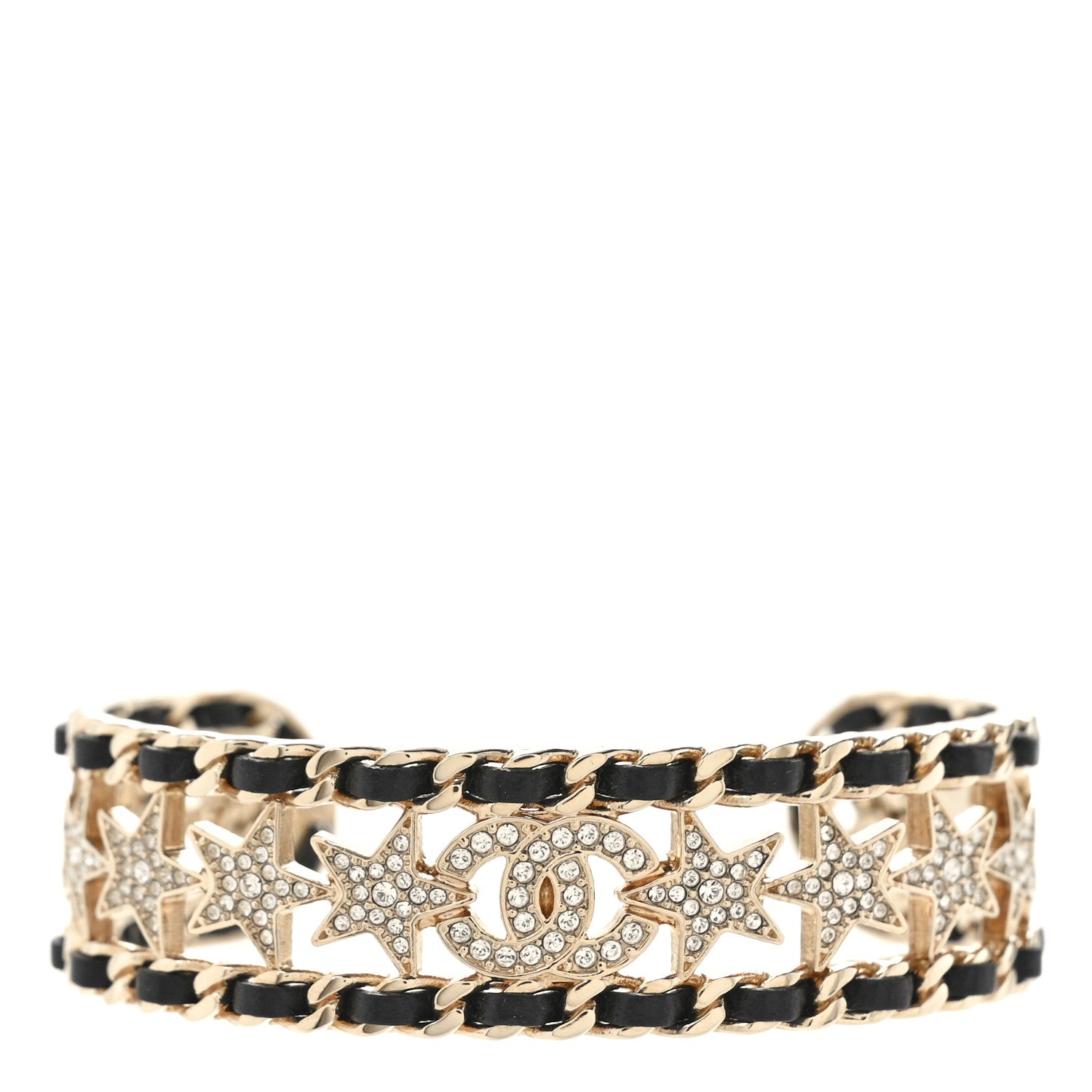 Chanel Metal Lambskin Crystal Chain Star CC Cuff M Black Gold 1 of 4