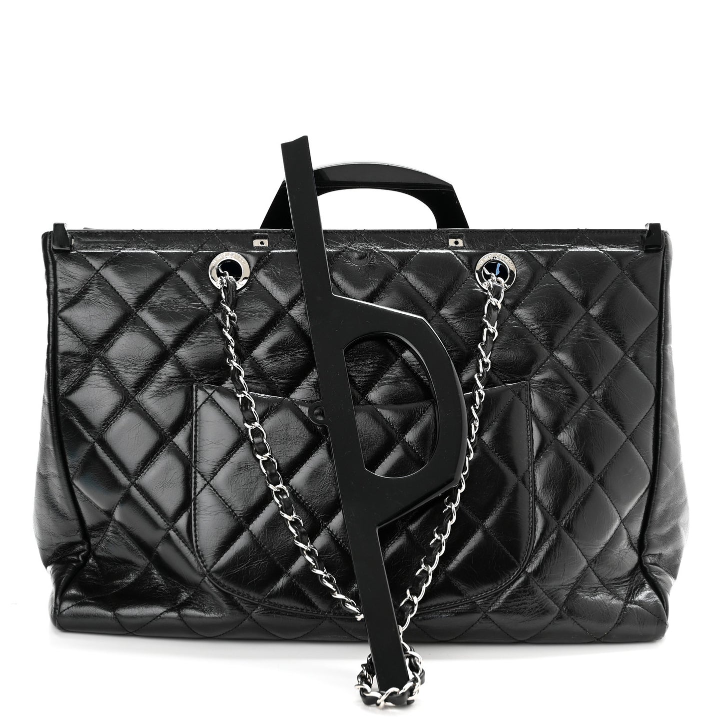 Glazed Calfskin Quilted Large CC Delivery Tote Black