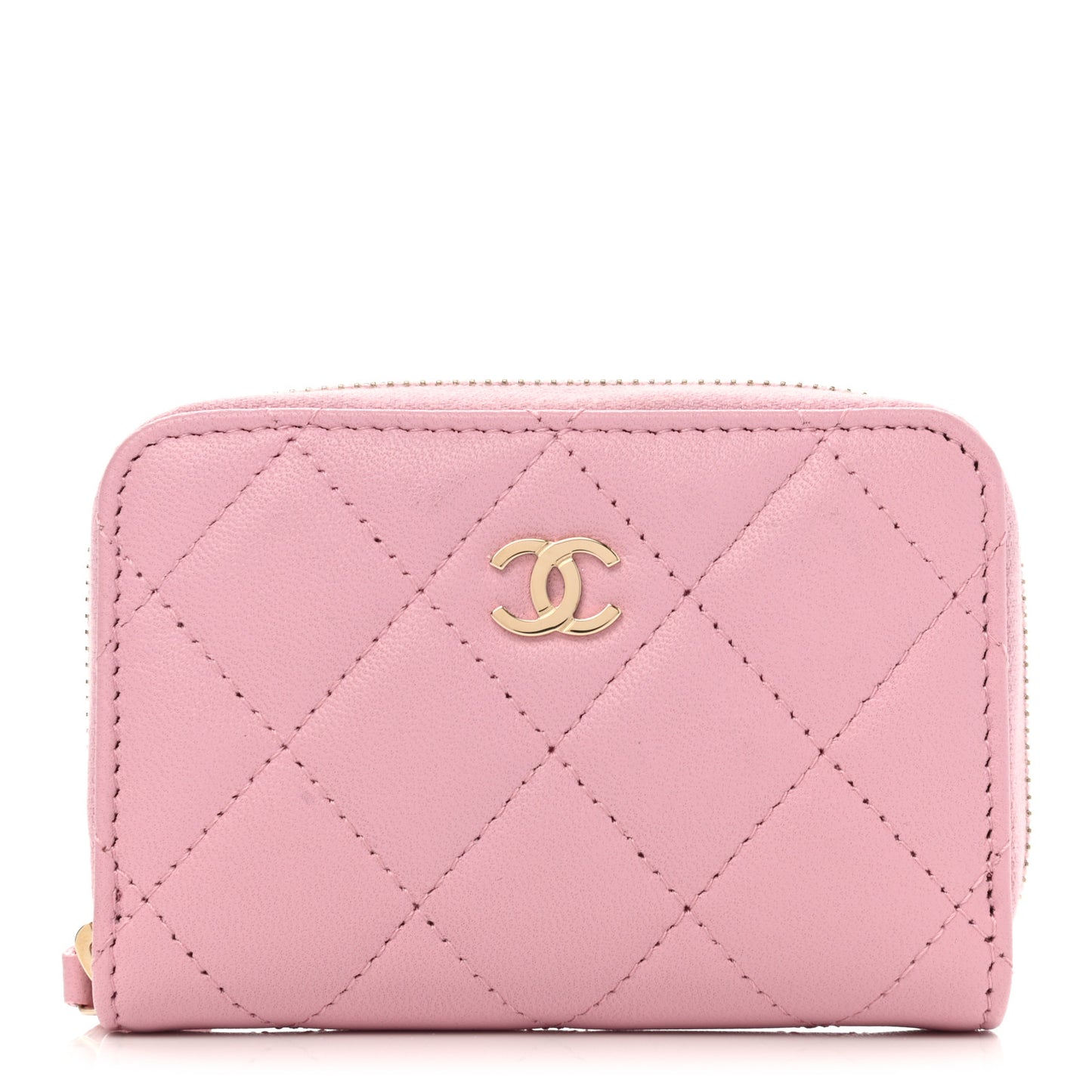Iridescent Calfskin Quilted Zip Coin Purse Wallet Light Pink