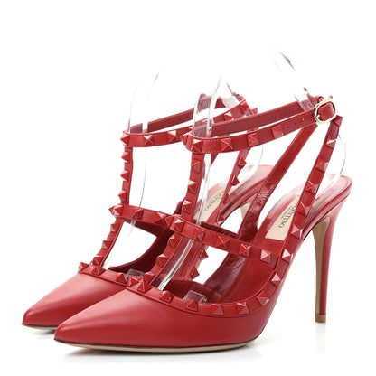 Valentino Garavani Calfskin Lacquered Monochrome Rockstud Ankle Strap 100mm Pumps 38.5 Rosso Valentino 3 of 9